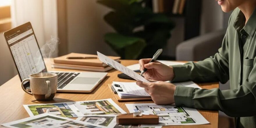 Real estate investor reviewing hard money loan documents in a cozy home office