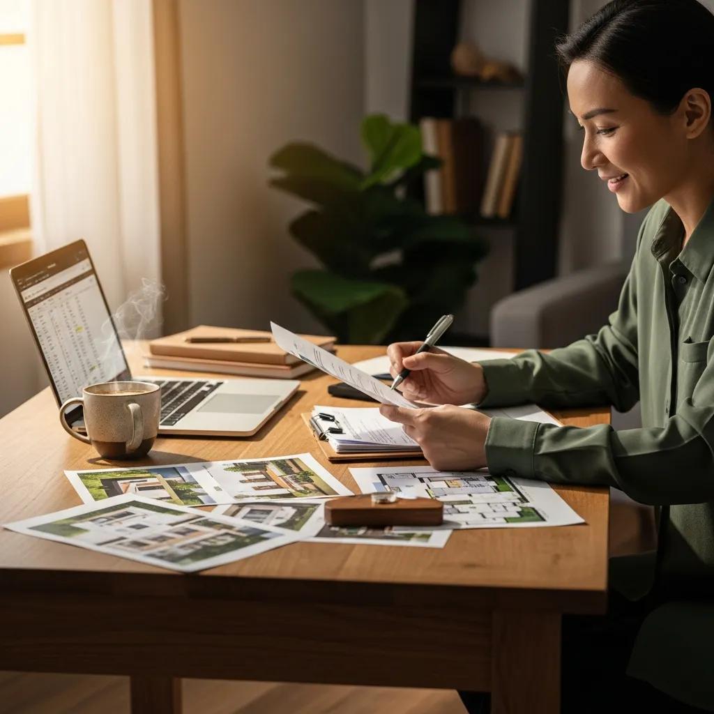 Real estate investor reviewing hard money loan documents in a cozy home office
