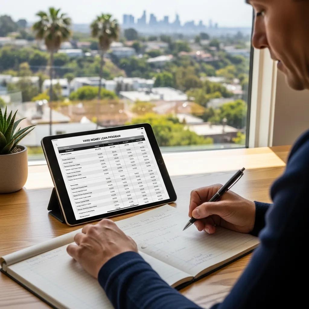 Investor comparing hard-money loan programs on a tablet