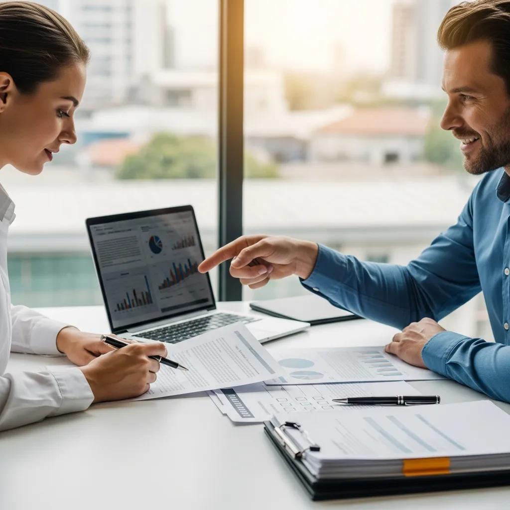Investor reviewing loan documents with a lender in an office