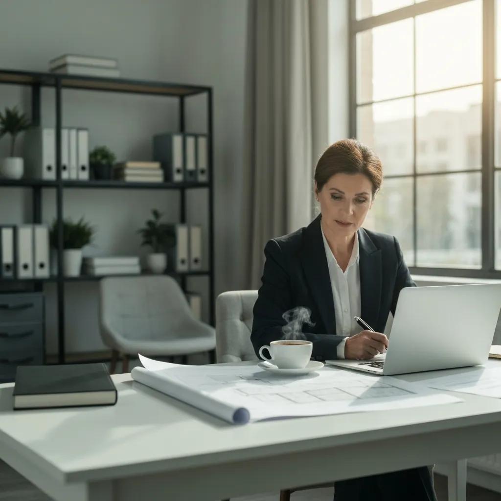Real estate investor reviewing plans and documents in a cozy workspace