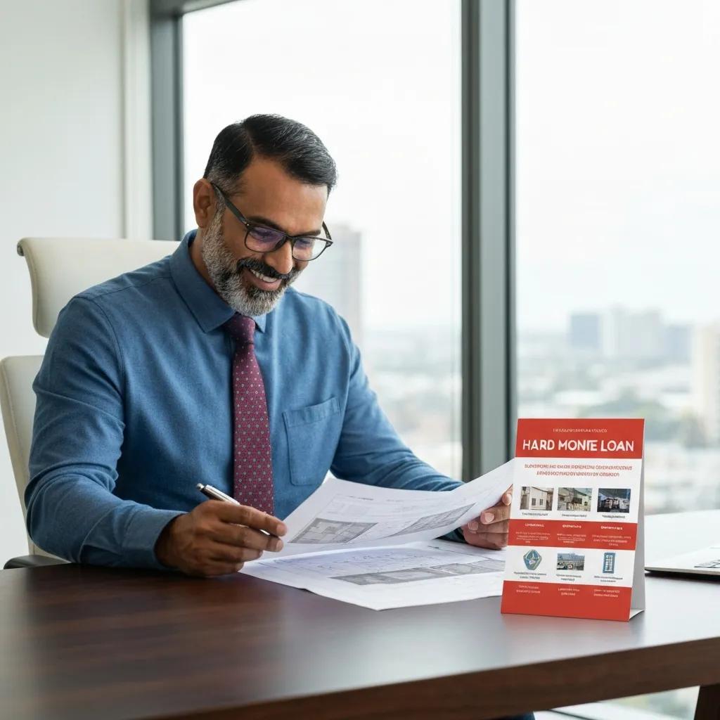 Investor reviewing plans and fast hard money options in an office