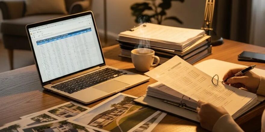 Real estate investor reviewing property documents in a cozy home office