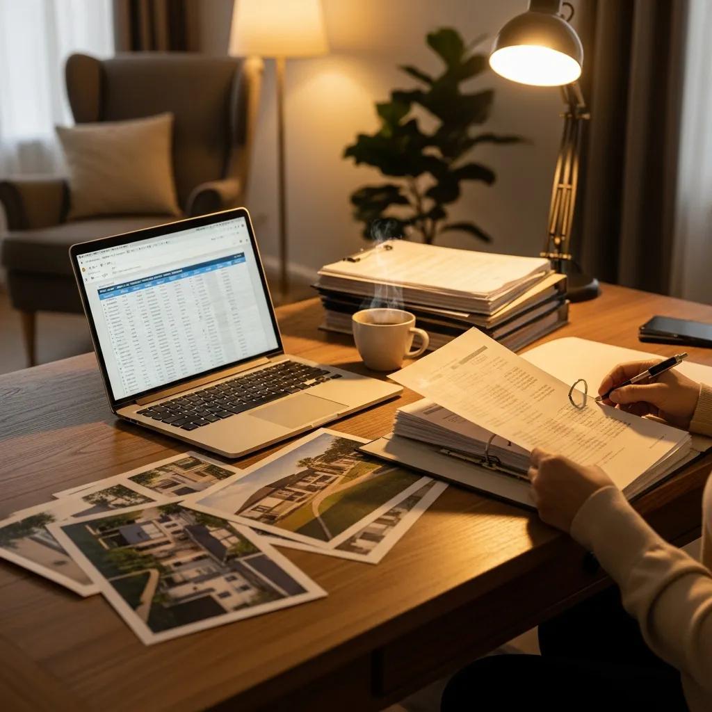 Real estate investor reviewing property documents in a cozy home office