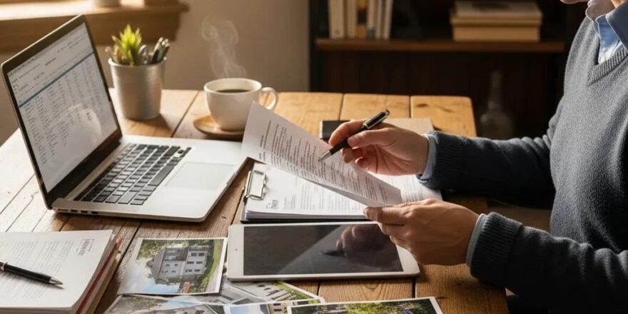 Real estate investor reviewing property documents in a cozy home office