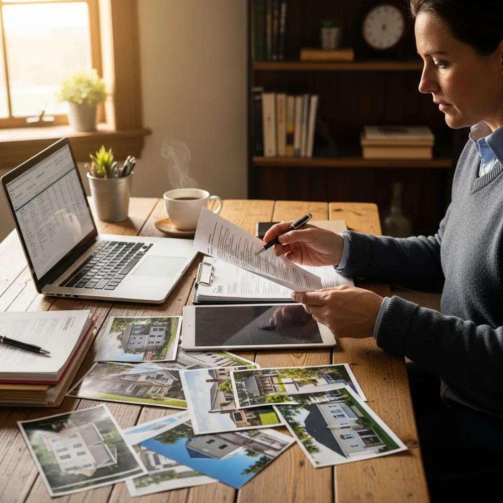 Real estate investor reviewing property documents in a cozy home office