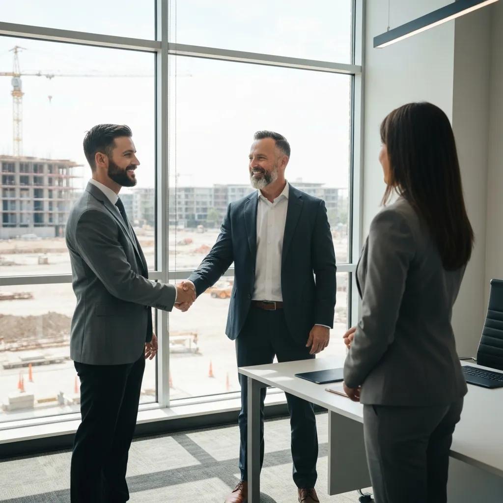 Investor and lender shaking hands with a construction site visible outside the window