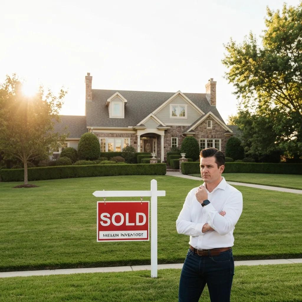 Real estate investor standing in front of a sold sign, contemplating next investment steps
