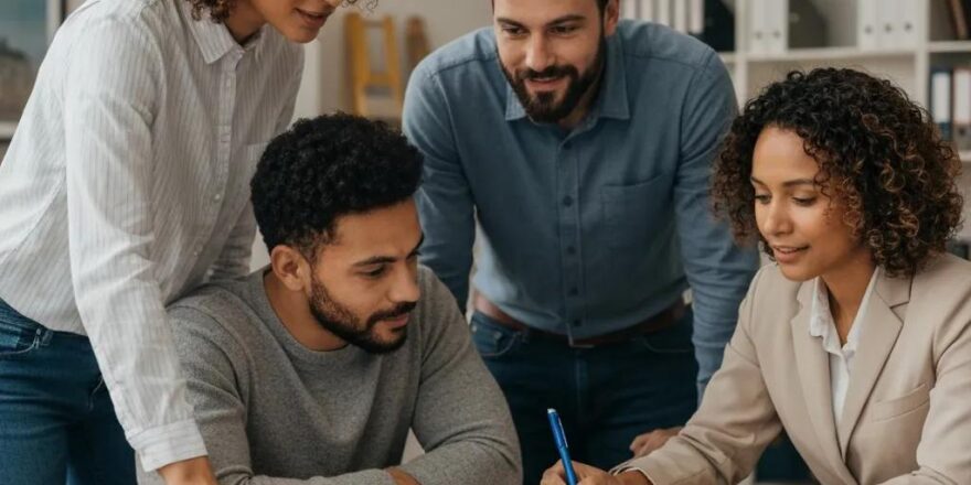Real estate investors collaborating on construction plans in a modern office