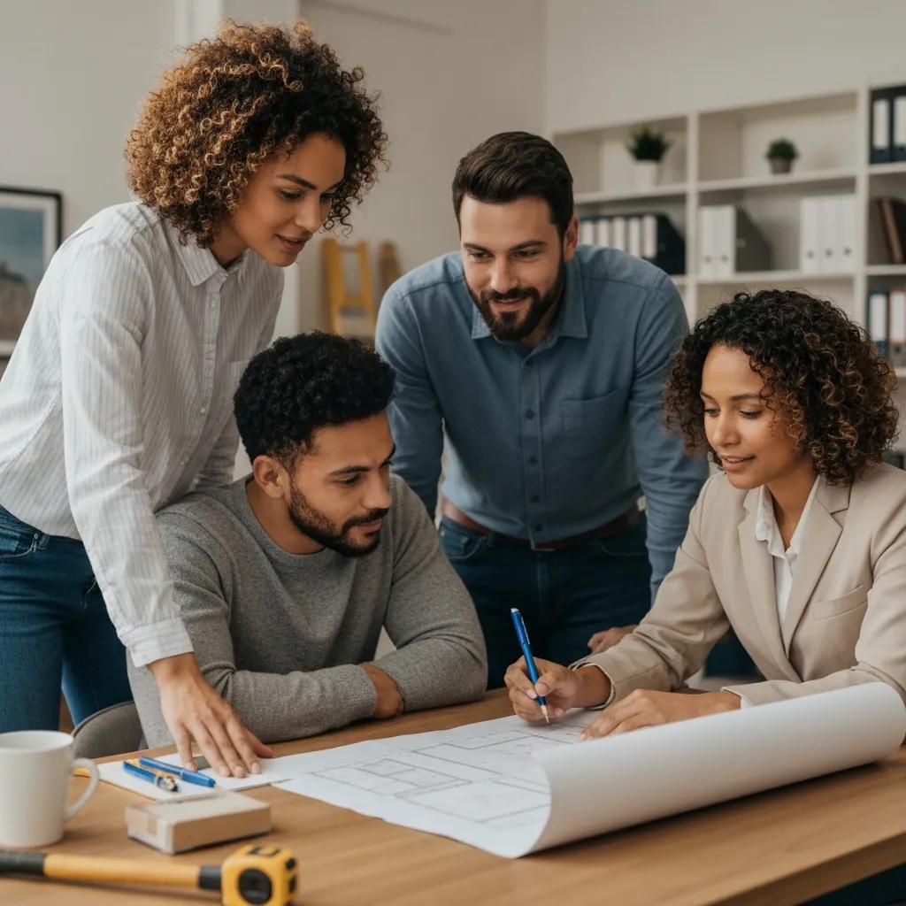 Real estate investors collaborating on construction plans in a modern office