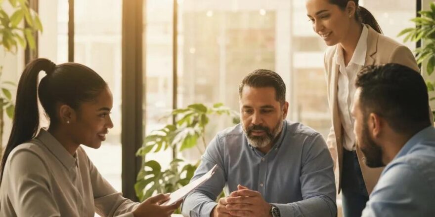 Real estate investors collaborating on financial plans with property documents and a laptop in a cozy office setting