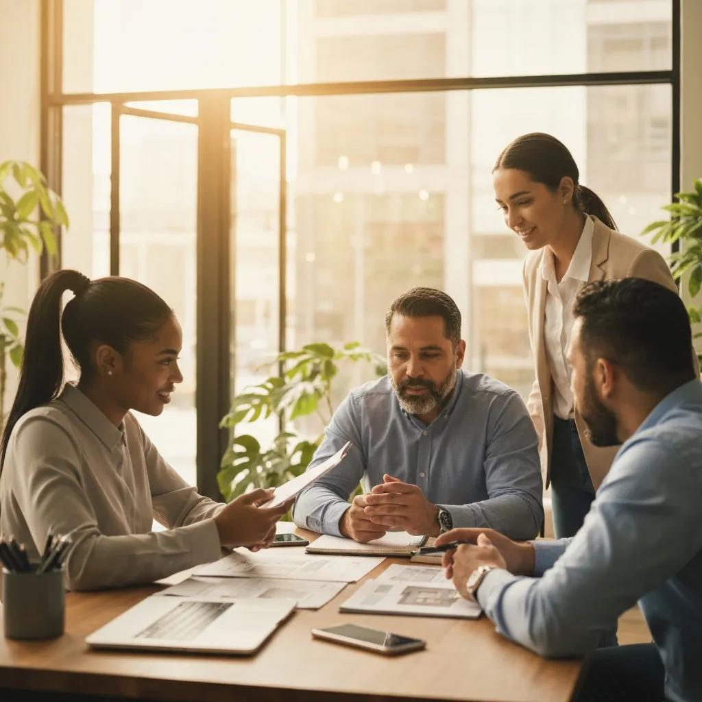 Real estate investors collaborating on financial plans with property documents and a laptop in a cozy office setting