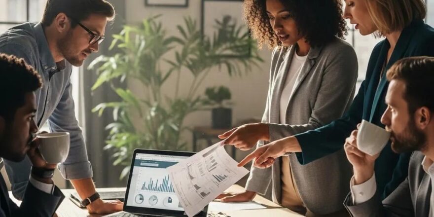 Real estate investors collaborating on funding strategies with documents and a laptop in a modern office