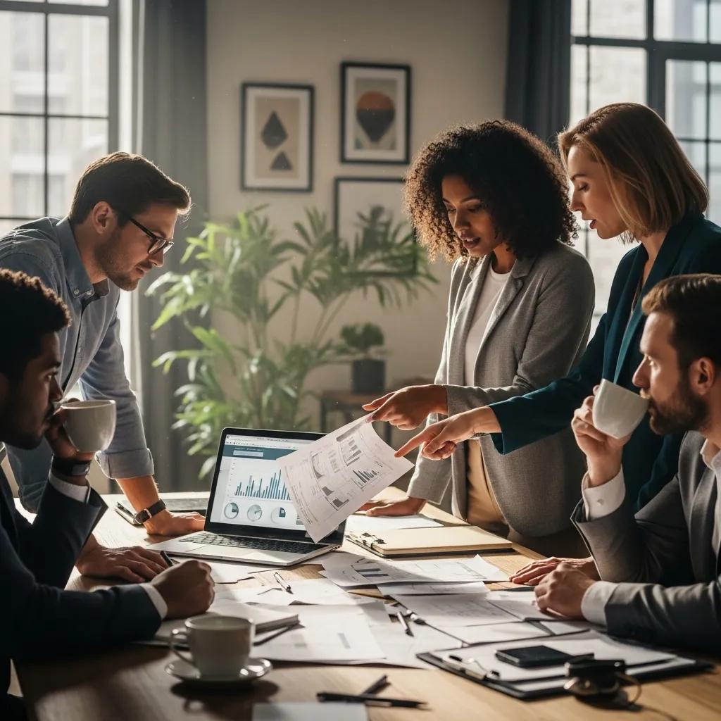 Real estate investors collaborating on funding strategies with documents and a laptop in a modern office