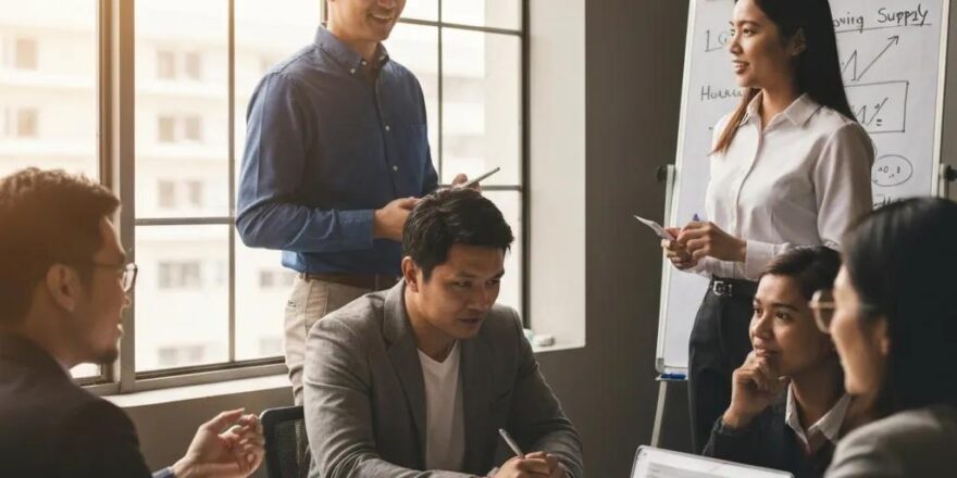 Real estate investors collaborating on housing supply strategies in a modern office