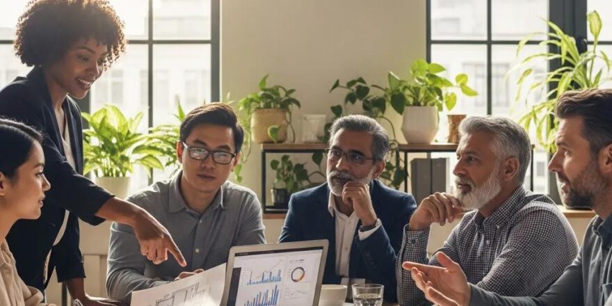 Real estate investors collaborating on private money lending strategies in a cozy office setting