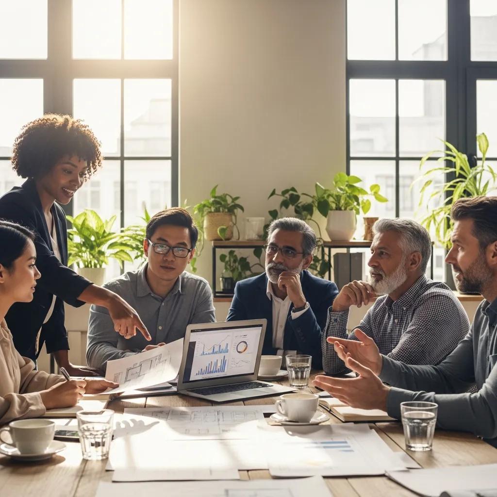 Real estate investors collaborating on private money lending strategies in a cozy office setting