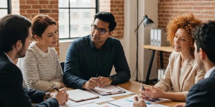 Real estate investors collaborating on short-term financing strategies in a cozy office setting