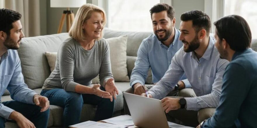 Real estate investors discussing FHA loans in a cozy living room