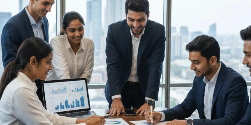 Real estate investors discussing financing options in a modern office