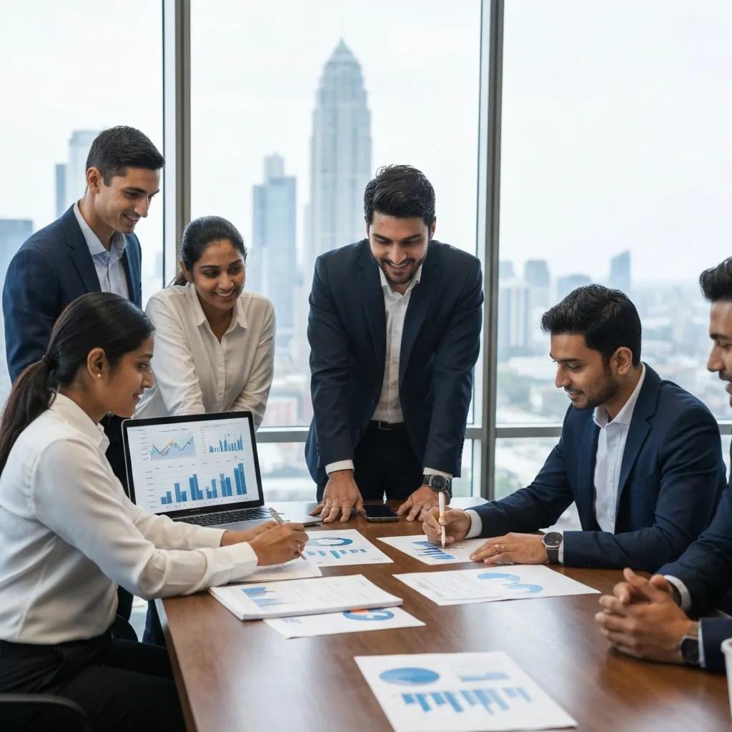 Real estate investors discussing financing options in a modern office