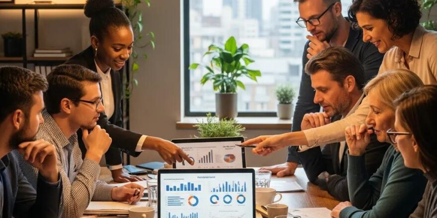 Real estate investors discussing hard money lending and traditional loans in a modern office