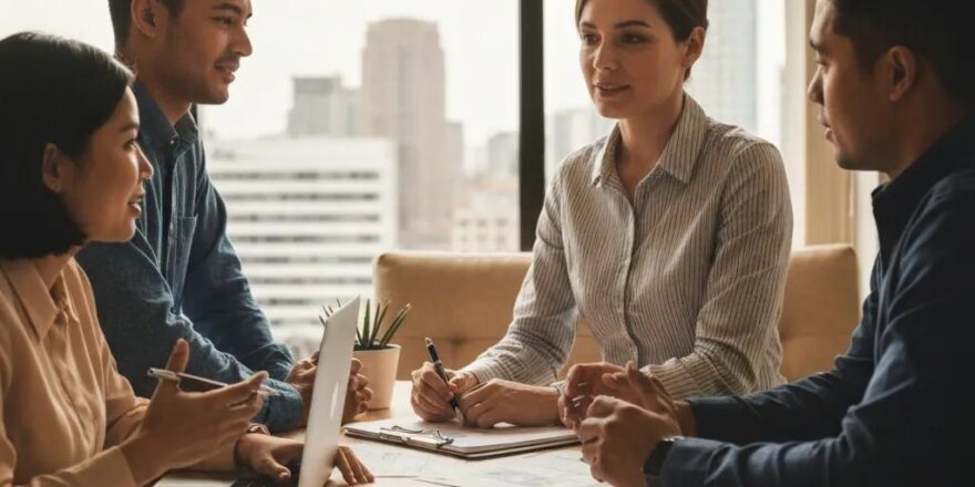 Real estate investors discussing hard money loan options in a modern office setting