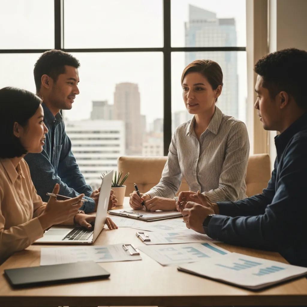 Real estate investors discussing hard money loan options in a modern office setting