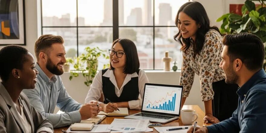 Real estate investors discussing hard money loans in a modern office setting with property documents and a laptop