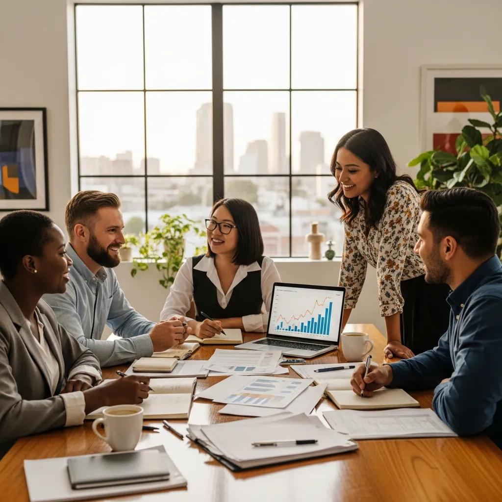 Real estate investors discussing hard money loans in a modern office setting with property documents and a laptop