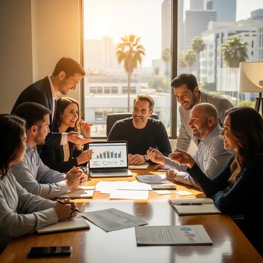 Real estate investors discussing hard money loans in a modern office with California skyline