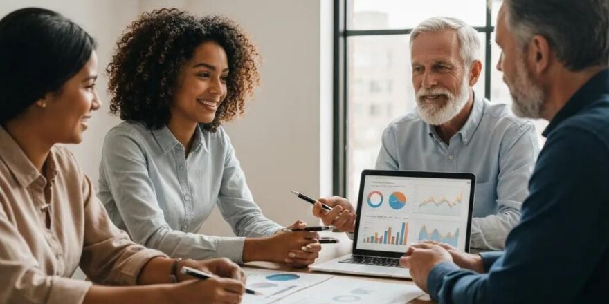 Real estate investors discussing property taxes in a modern office, emphasizing collaboration and financial planning