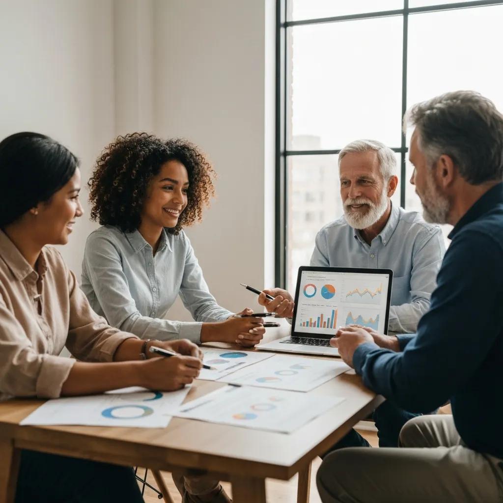 Real estate investors discussing property taxes in a modern office, emphasizing collaboration and financial planning