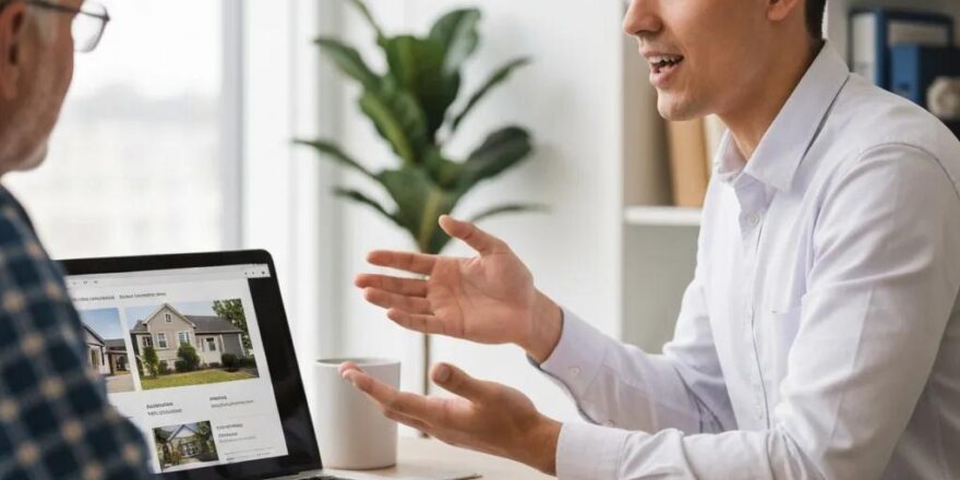 Real estate wholesaler discussing property with a motivated seller in a cozy office setting