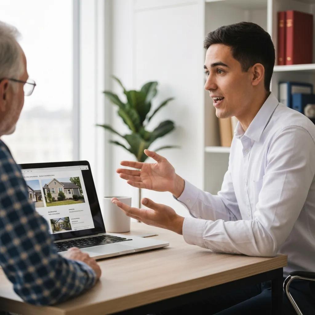 Real estate wholesaler discussing property with a motivated seller in a cozy office setting