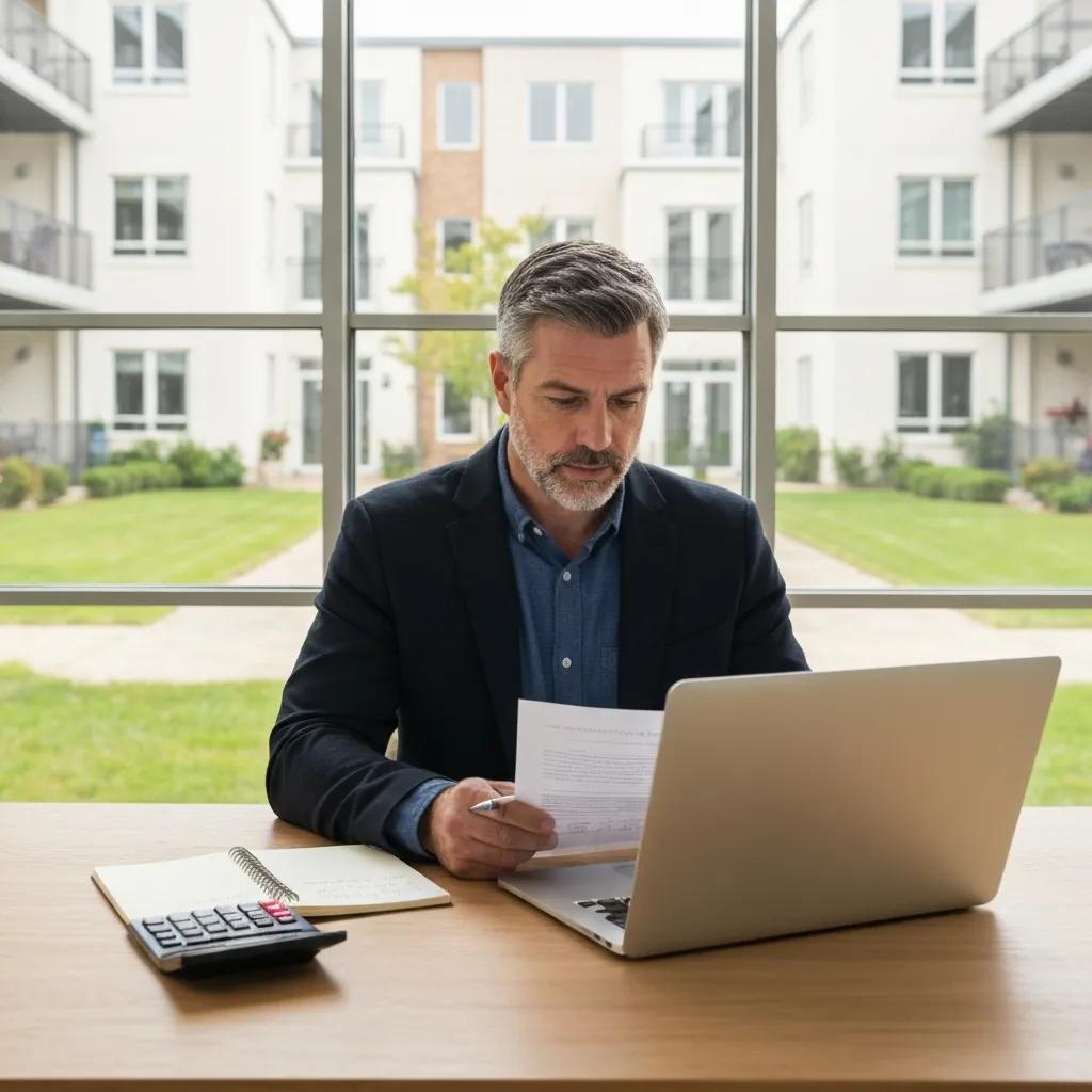Rental property investor checking numbers with property in the background