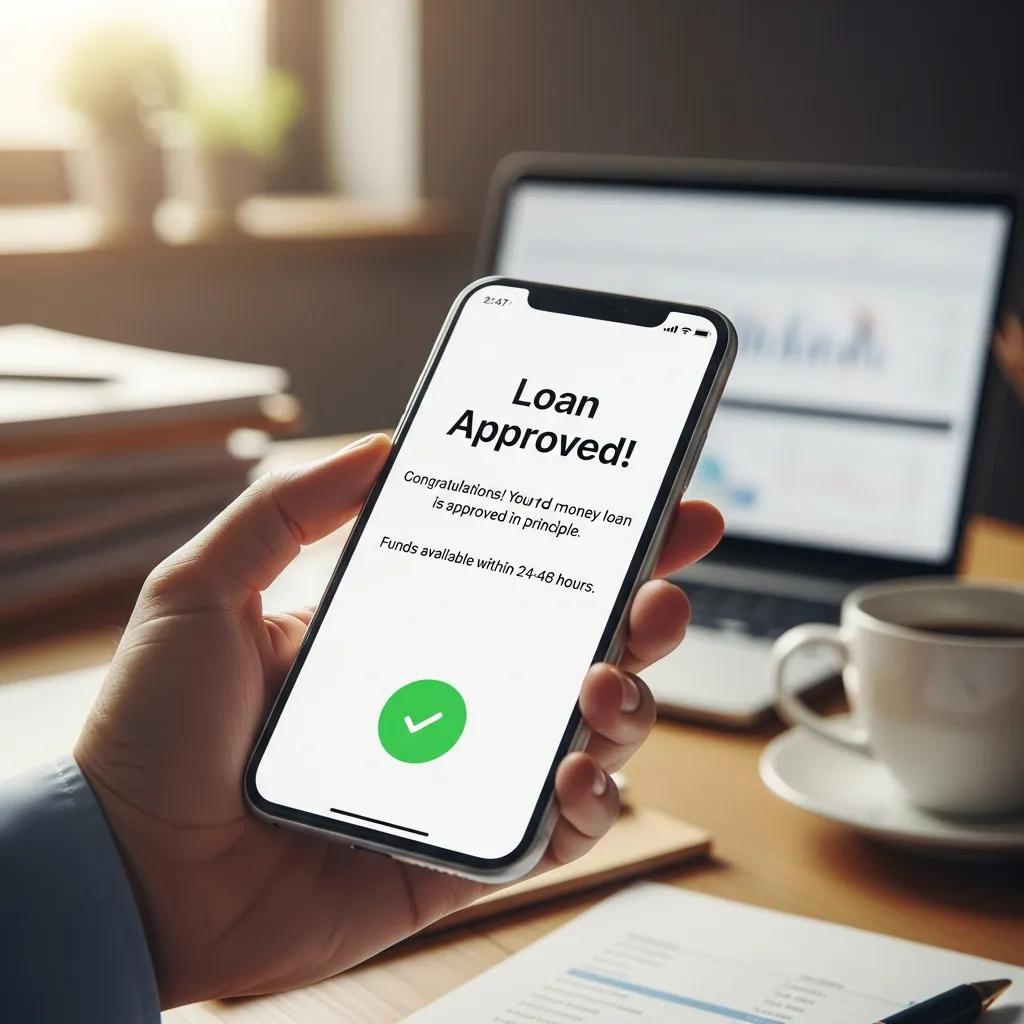 Smartphone showing a fast loan approval notification in an office