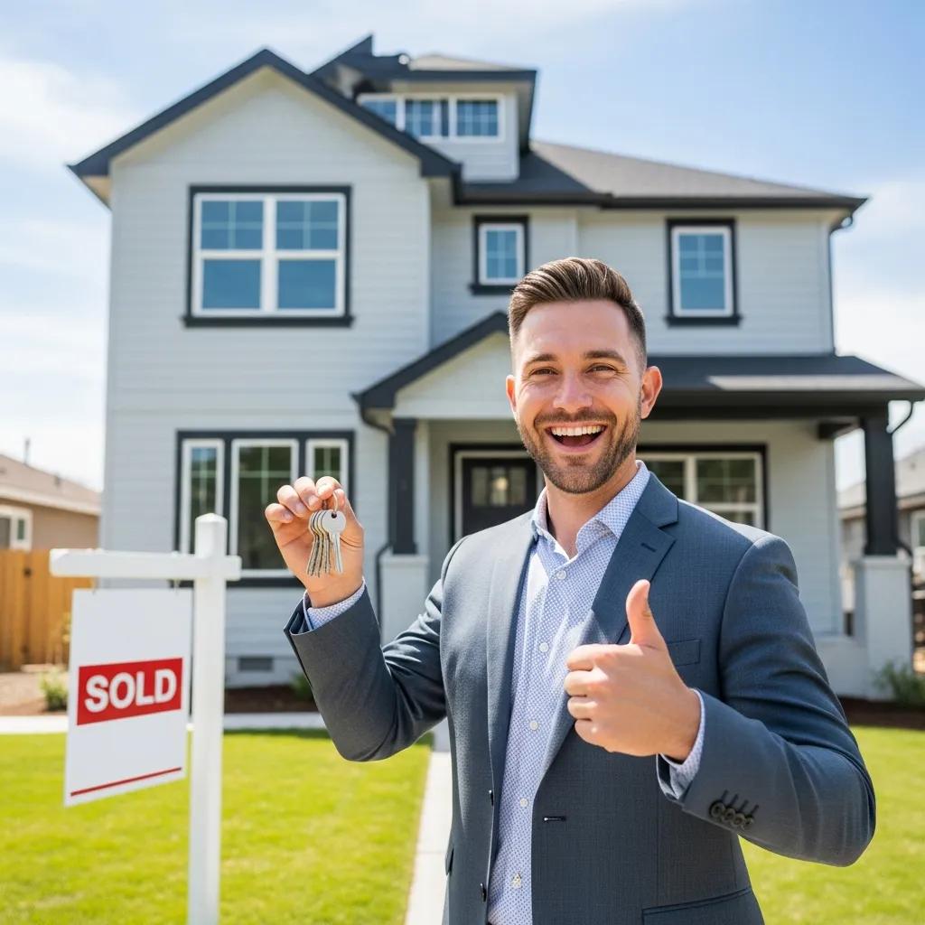Investor celebrating a successful hard money closing outside a renovated property &mdash; keys in hand