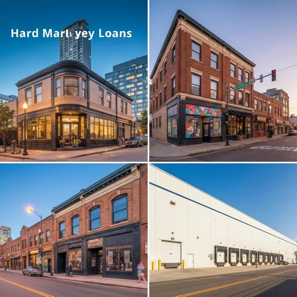 Office building, retail storefront, and warehouse illustrating commercial loan candidates