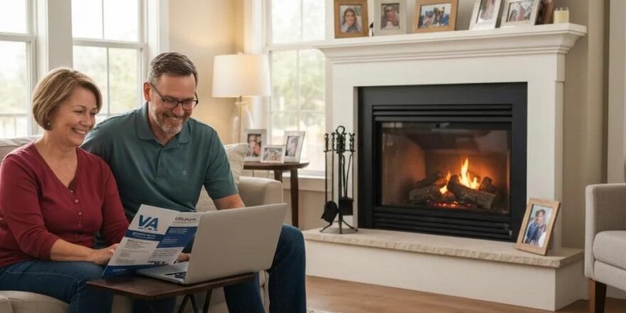 Veteran family discussing VA loan options in a cozy living room