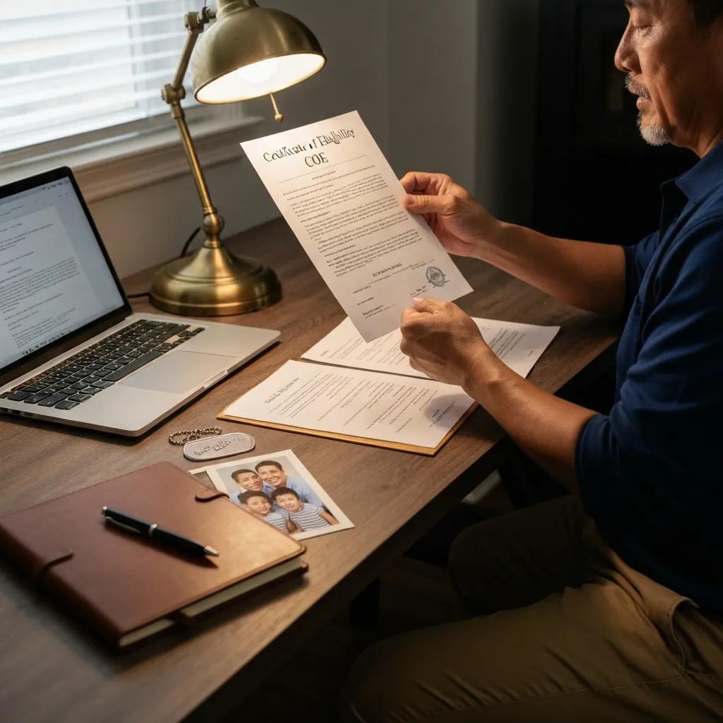 Veteran holding a Certificate of Eligibility while reviewing paperwork