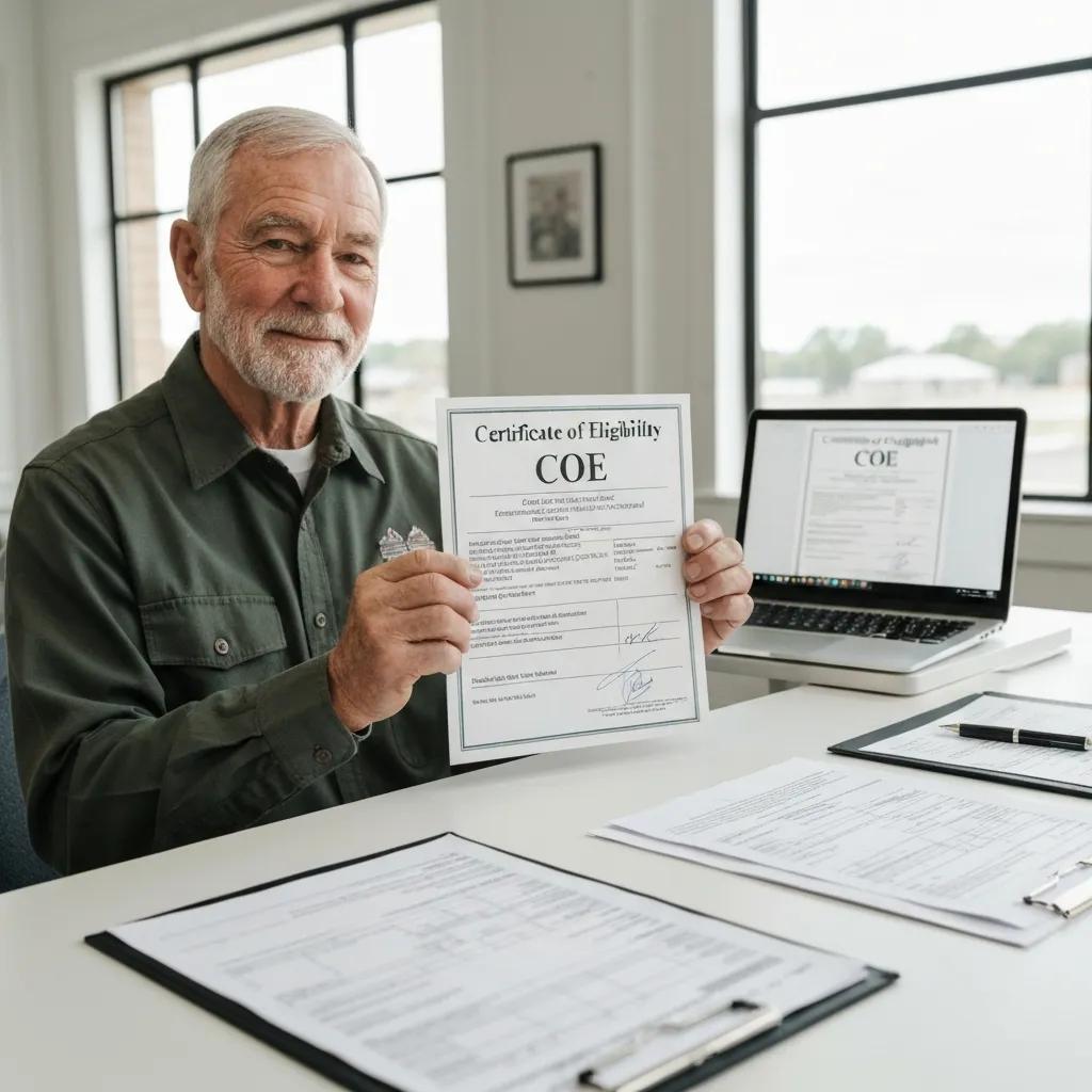 Veteran holding Certificate of Eligibility for VA loan in an office
