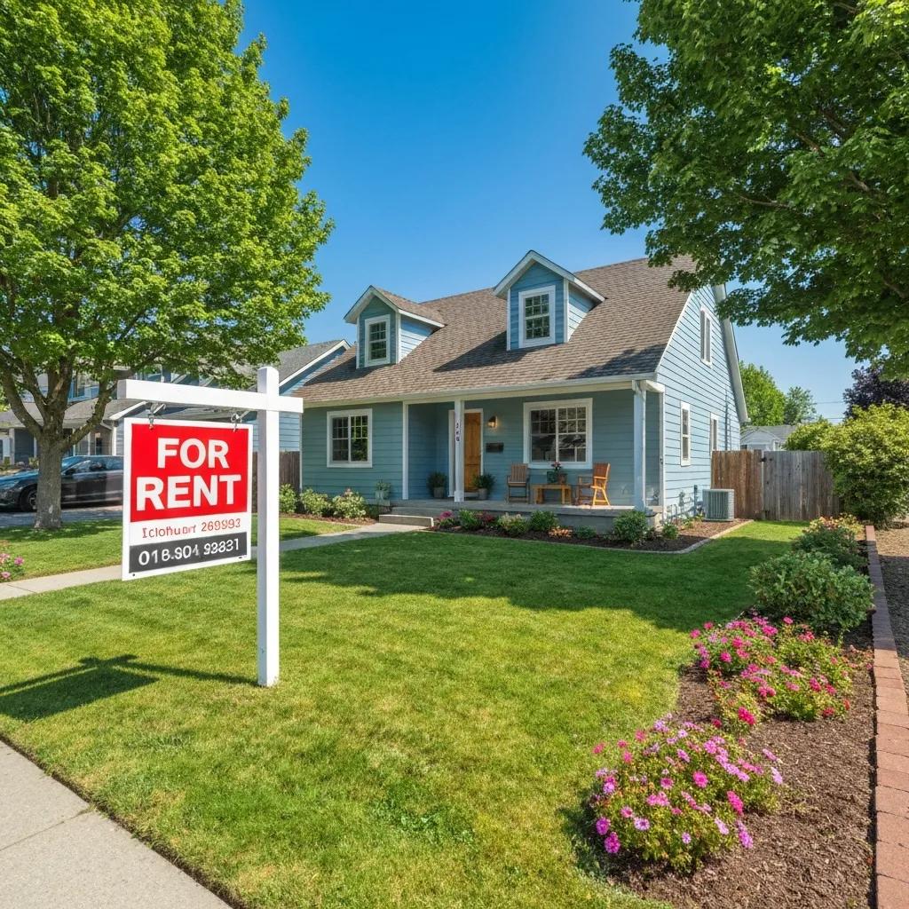 Well-maintained rental property with a 'For Rent' sign representing rental income