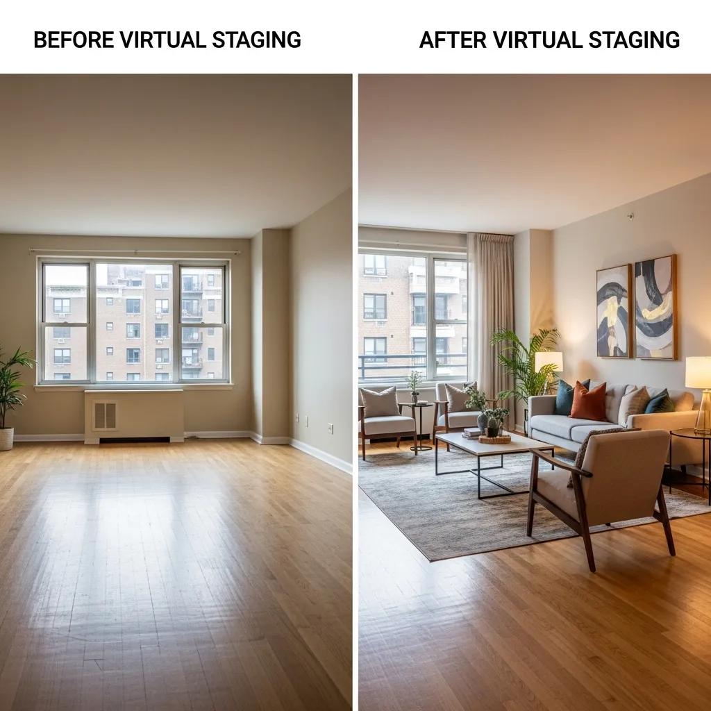 Before-and-after virtual staging comparison illustrating property transformation