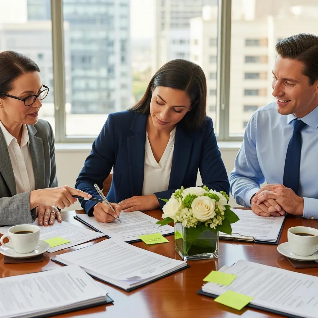 Borrower signing closing documents with lender and escrow officer present
