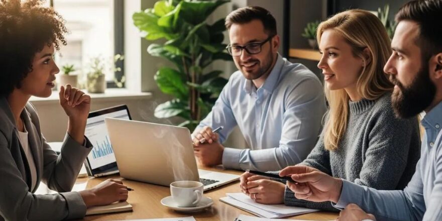 Business professionals discussing hard money loans in a modern office setting
