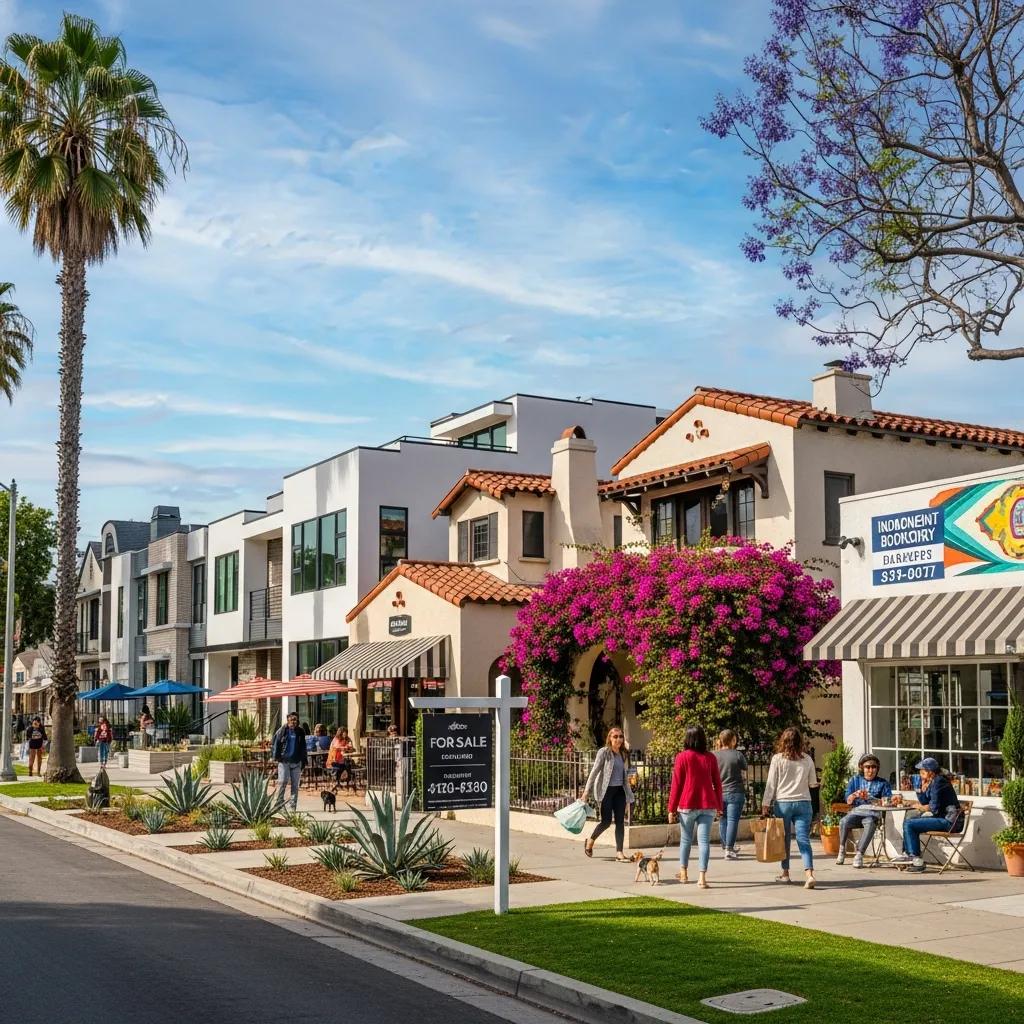 Street scene in a growing Los Angeles neighborhood with new development