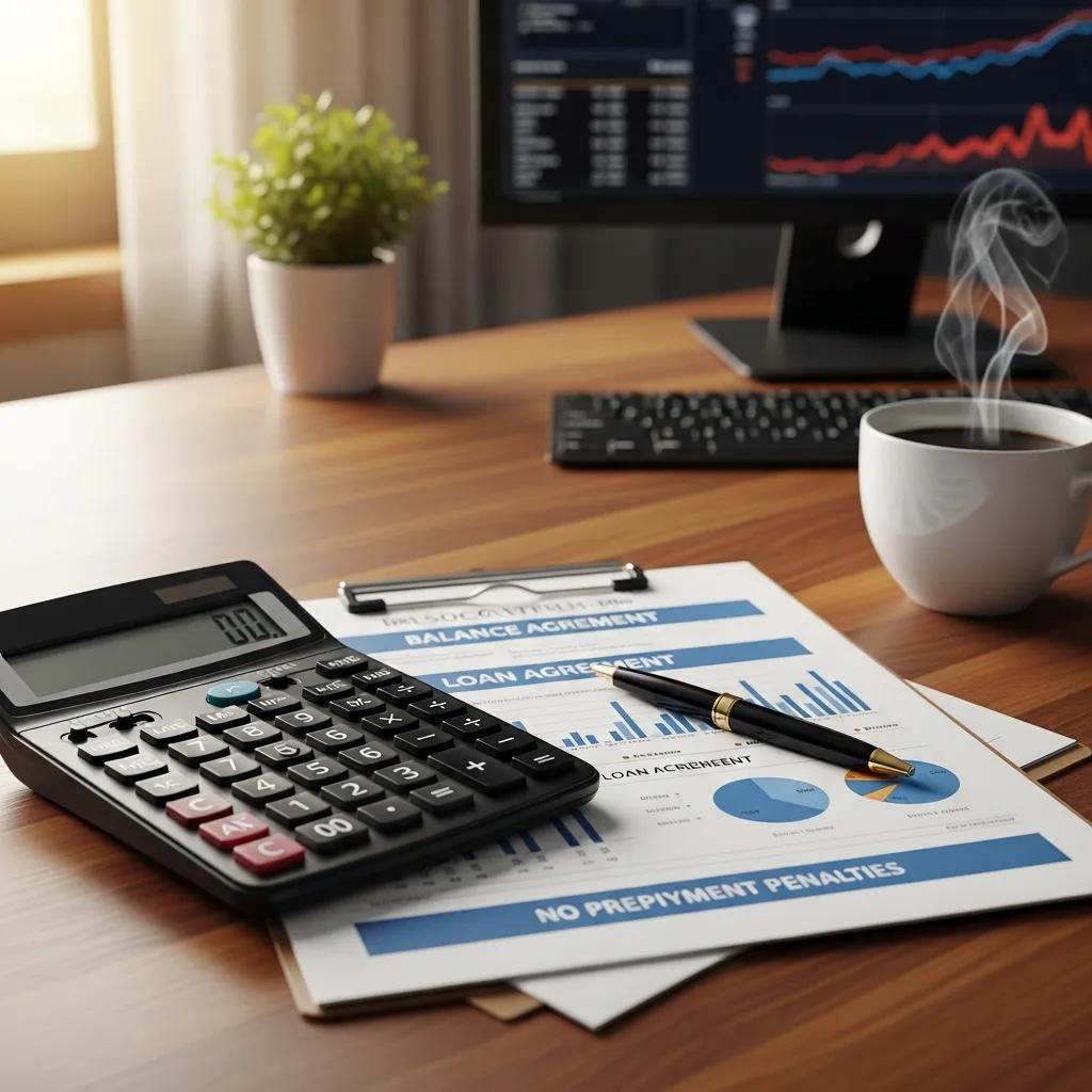 Calculator and financial paperwork highlighting savings from no prepayment penalties
