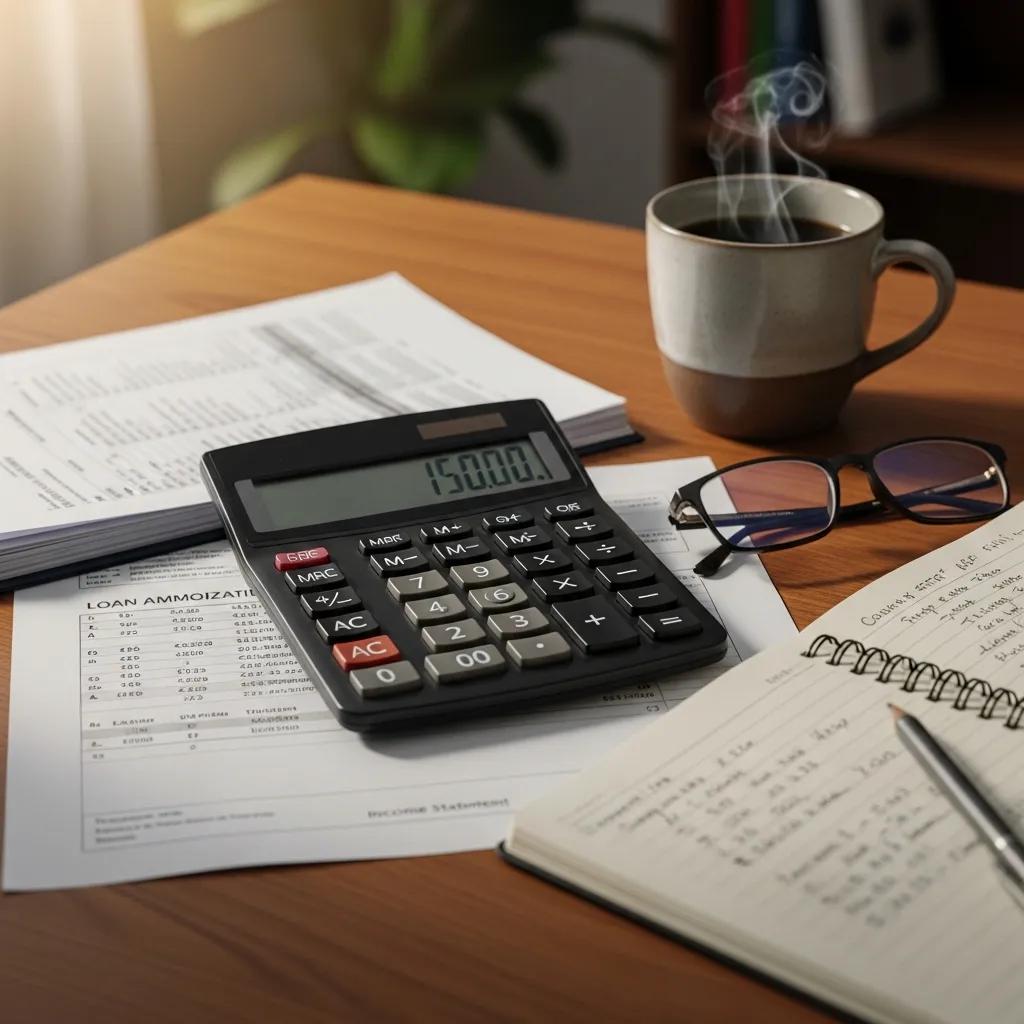 Calculator and loan documents illustrating high interest costs