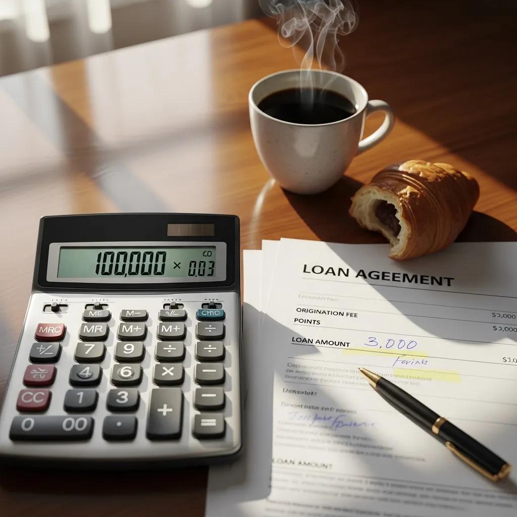 Calculator and loan documents illustrating origination points